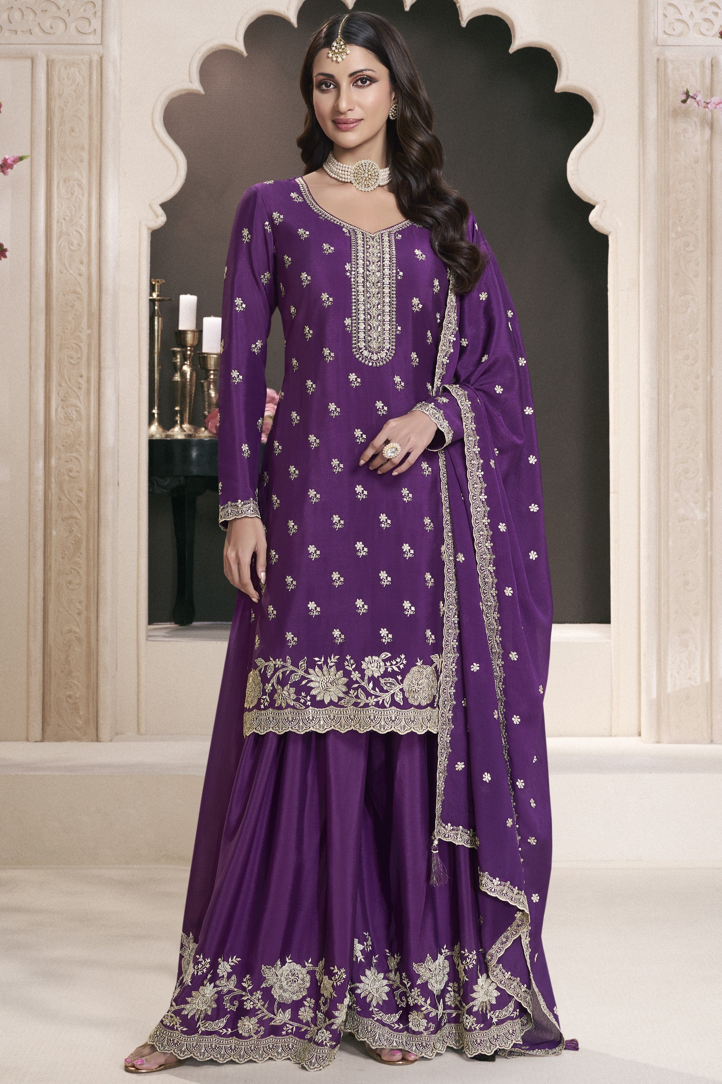 Purple Chinon Silk Sharara Kameez Suit for Pakistani & Indian Festival - Embroidery Work