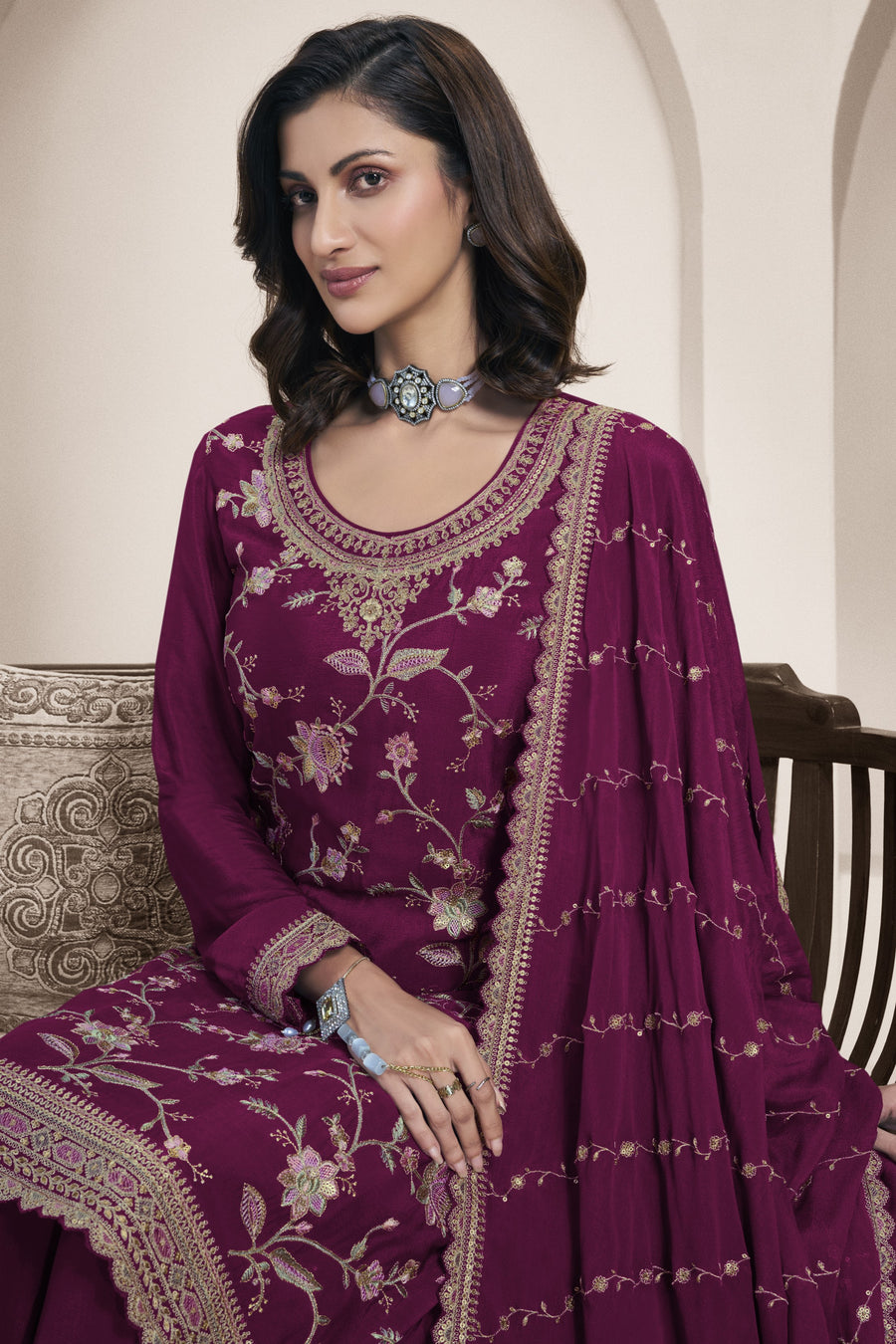 Burgundy Chinon Silk Palazzo Suit For Indian Wedding & Pakistani Festival - Embroidery Work