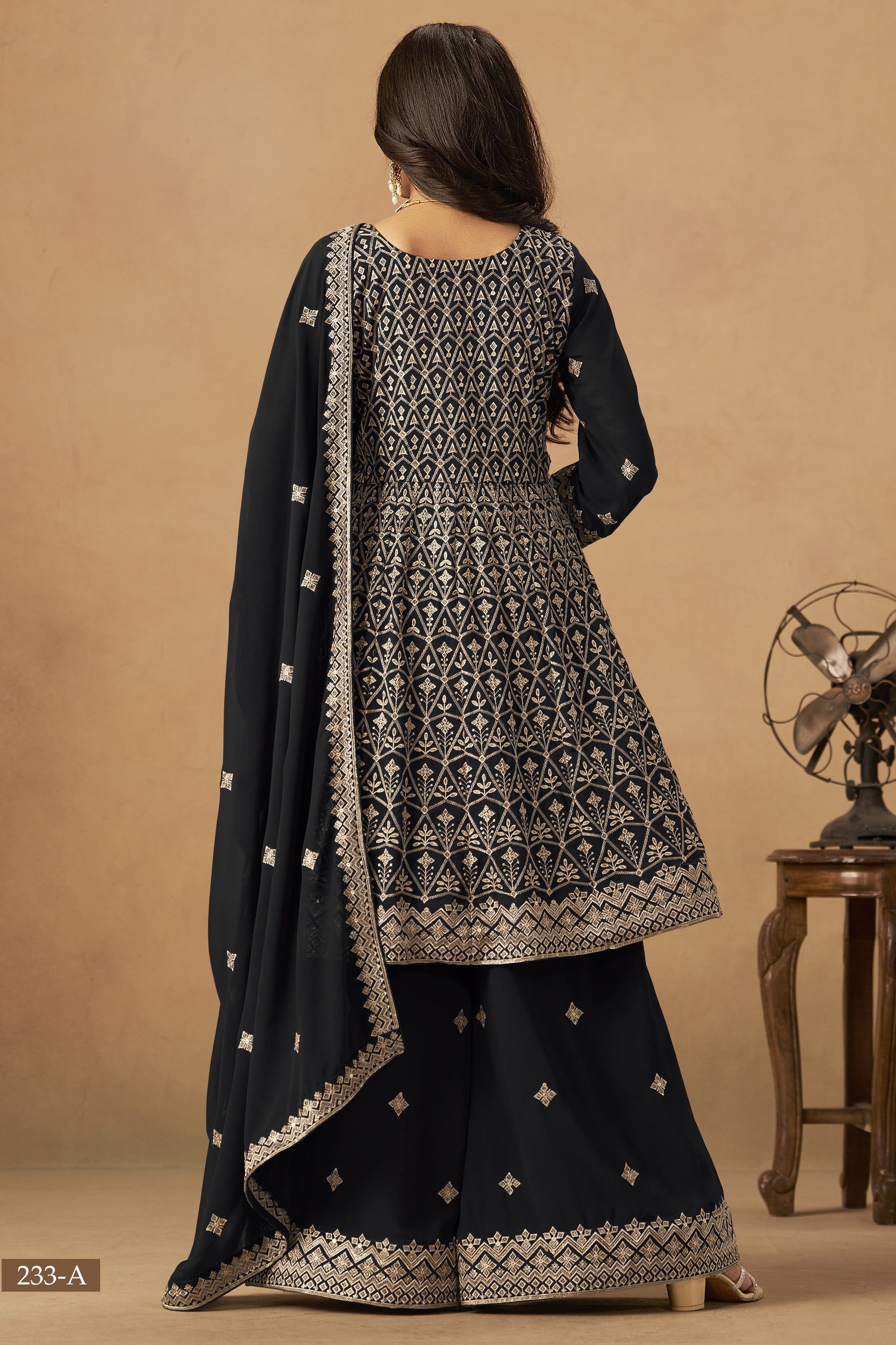 Black Georgette Plazo Suit For Indian & Pakistani Wedding Festival - Thread & Sequins Embroidery Work