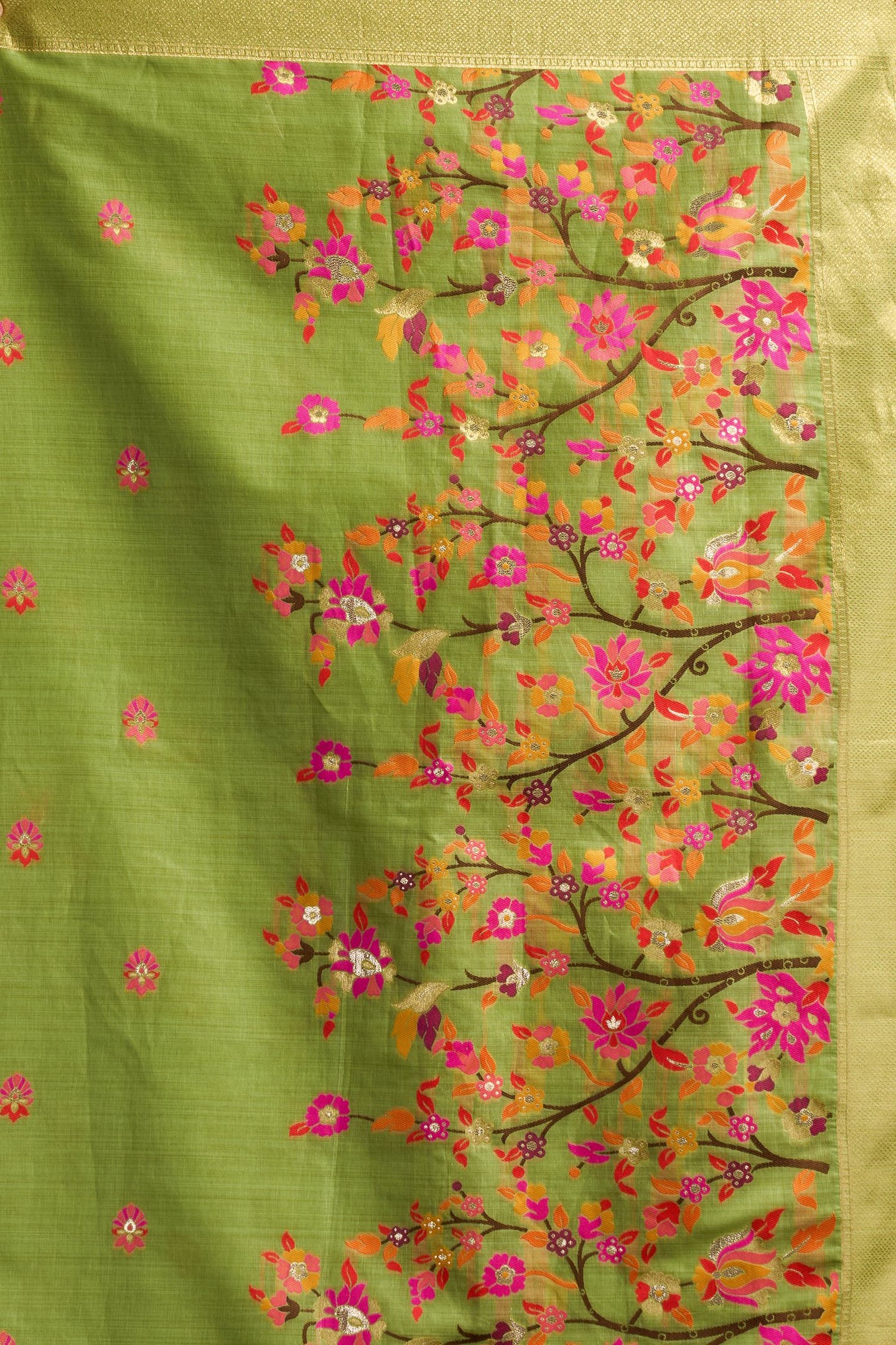Lime Green Silk Cotton Meenakari Saree with Stitched Blouse & Petticoat