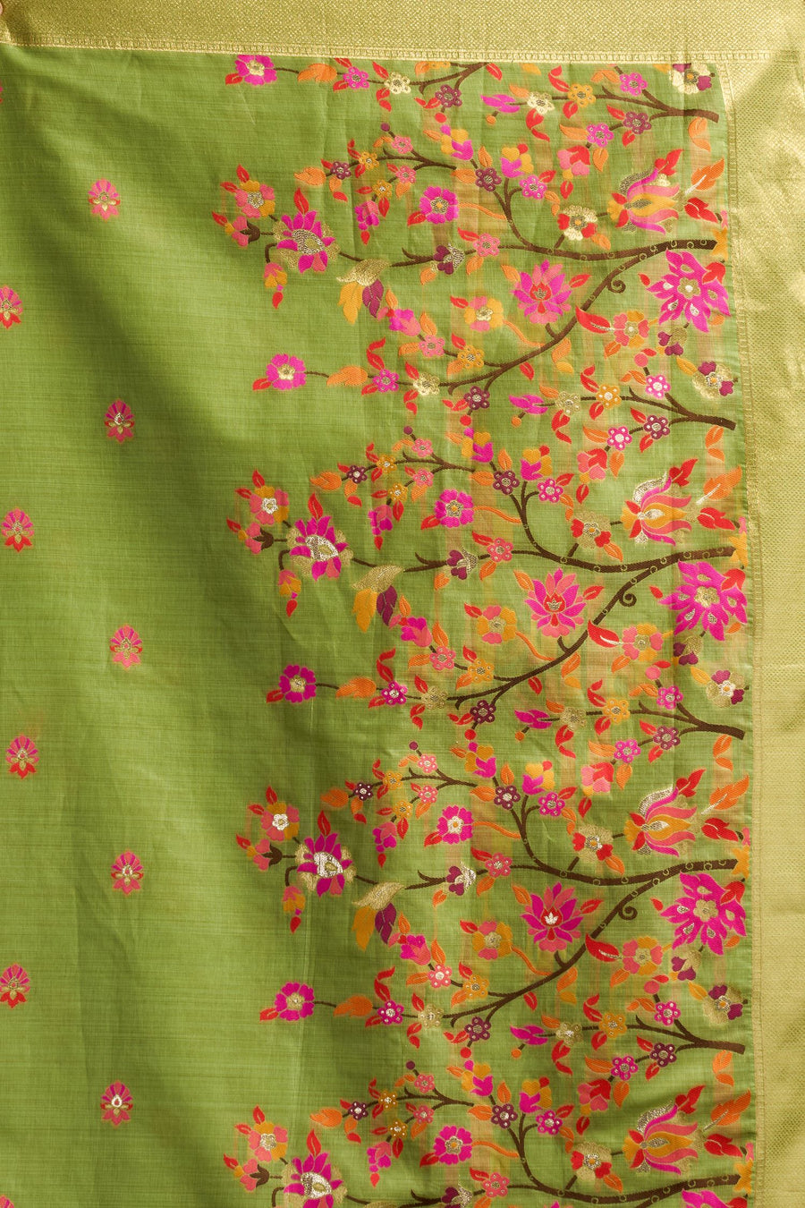 Lime Green Silk Cotton Meenakari Saree with Stitched Blouse & Petticoat