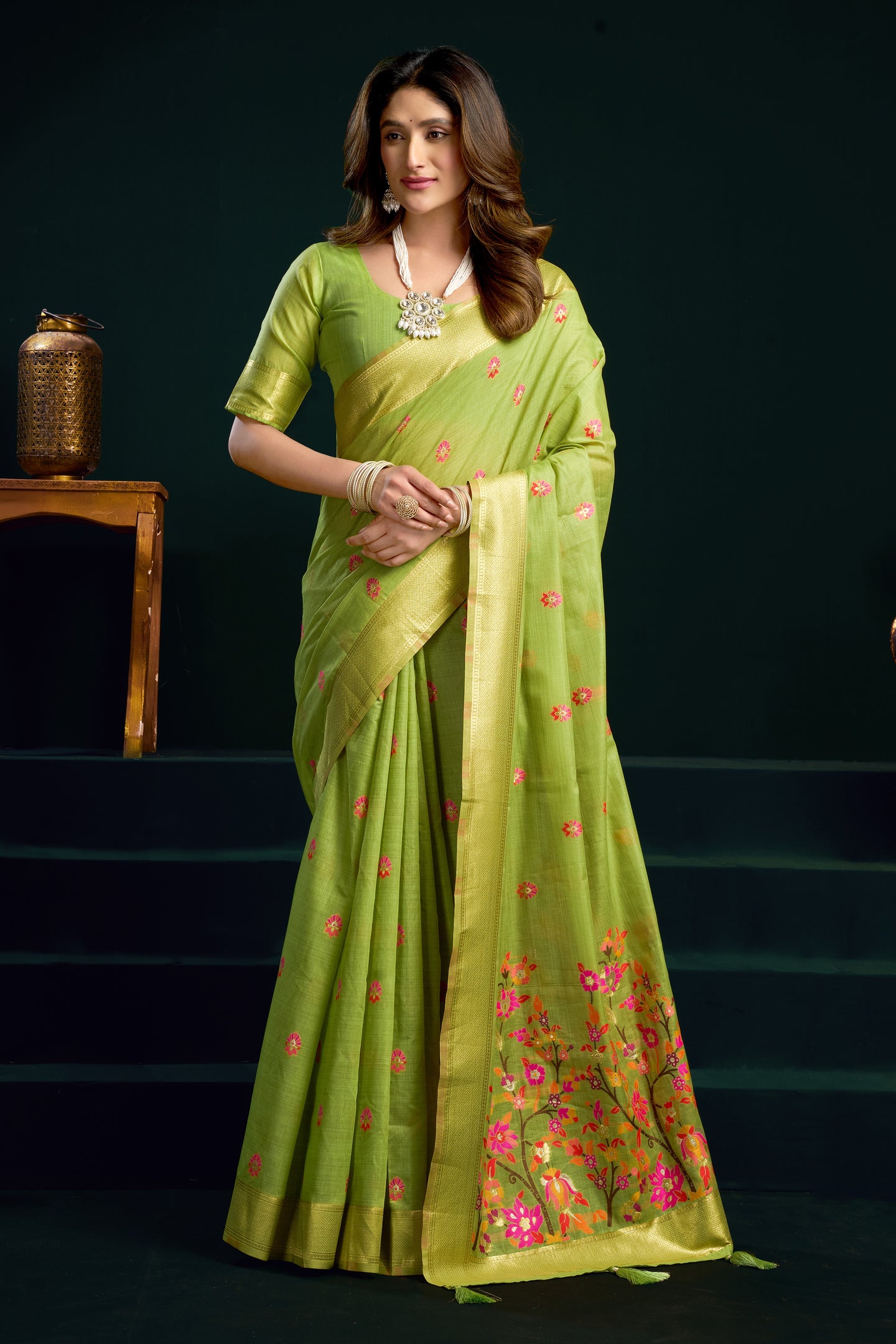 Lime Green Silk Cotton Meenakari Saree with Stitched Blouse & Petticoat