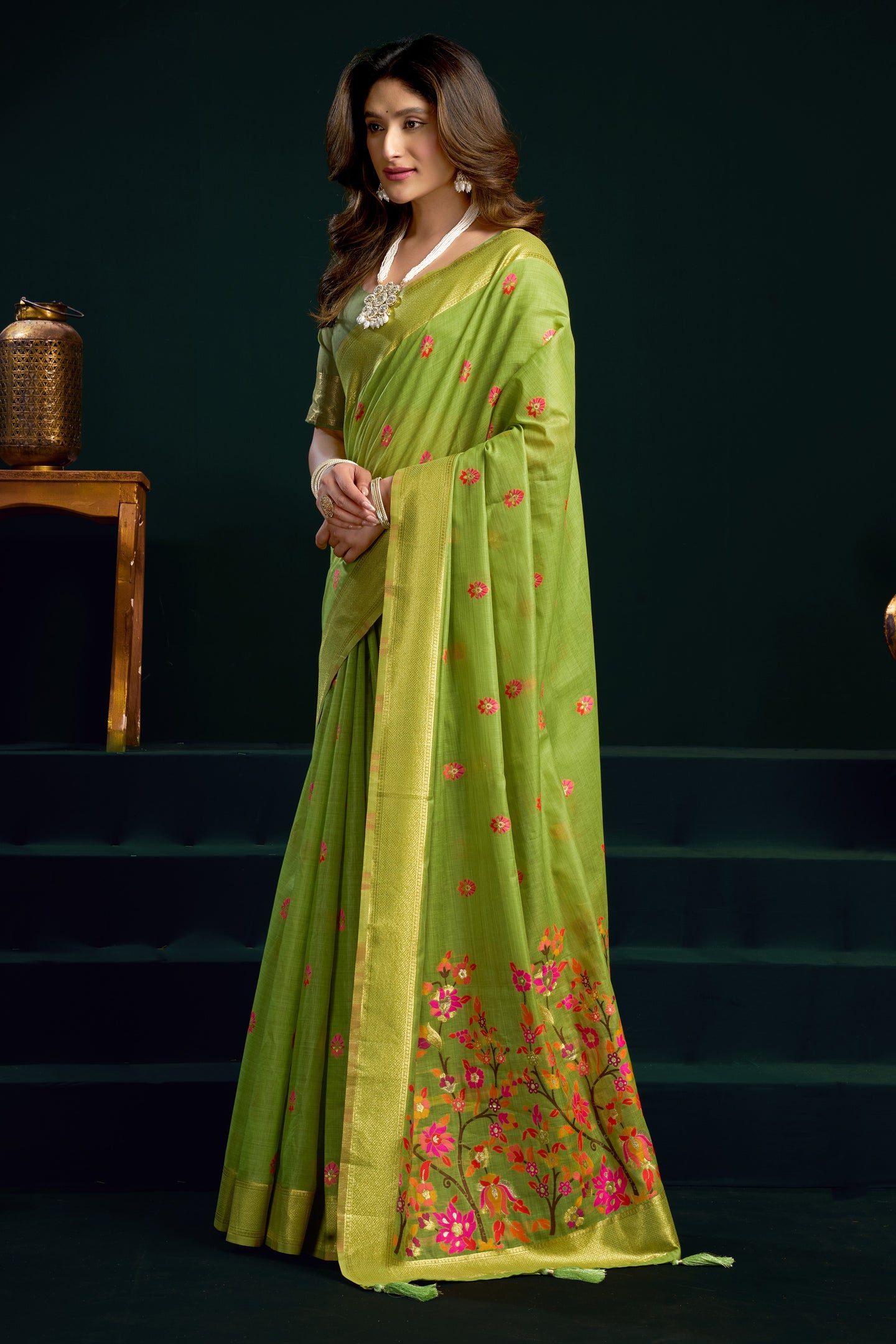 Lime Green Silk Cotton Meenakari Saree with Stitched Blouse & Petticoat