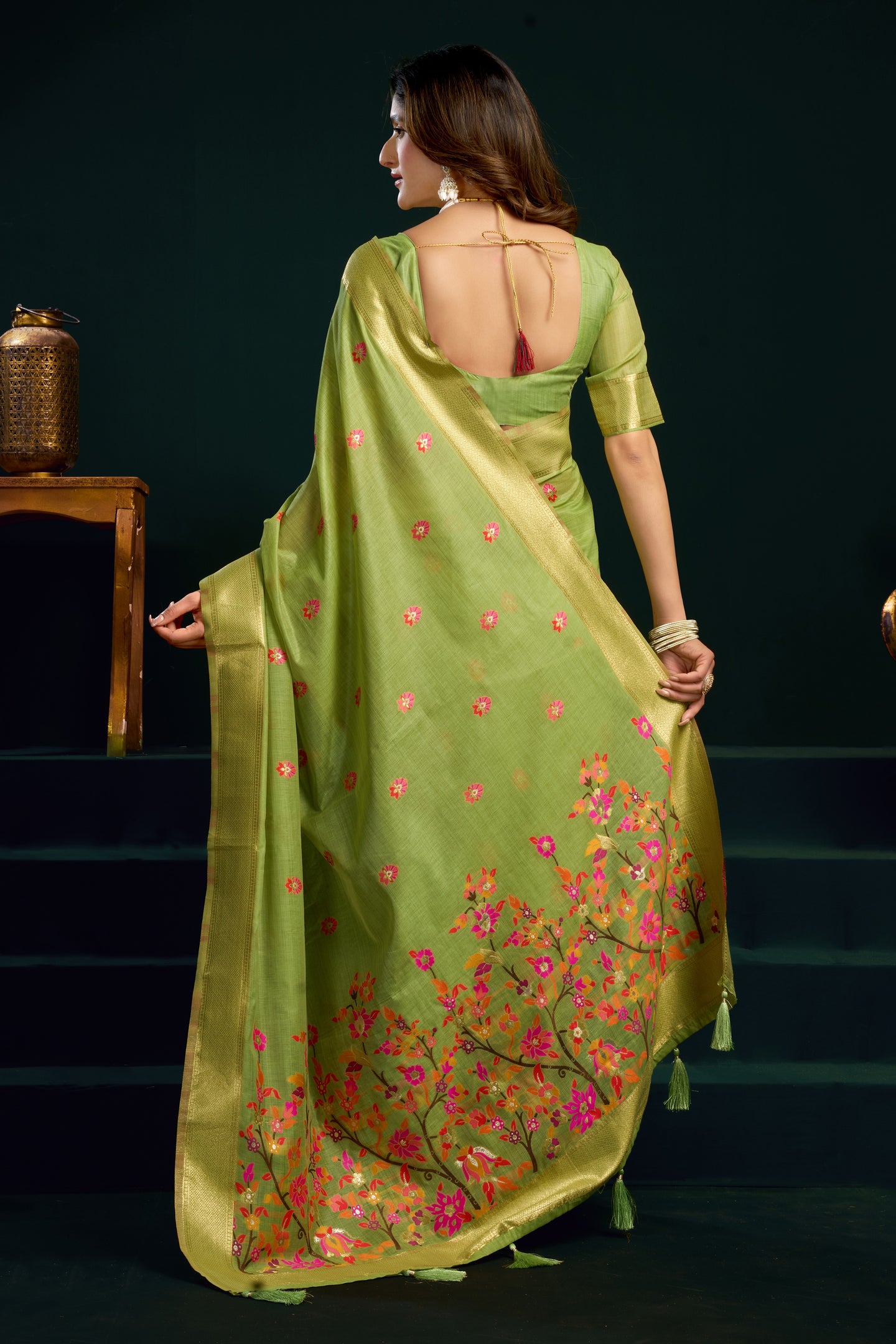 Lime Green Silk Cotton Meenakari Saree with Stitched Blouse & Petticoat