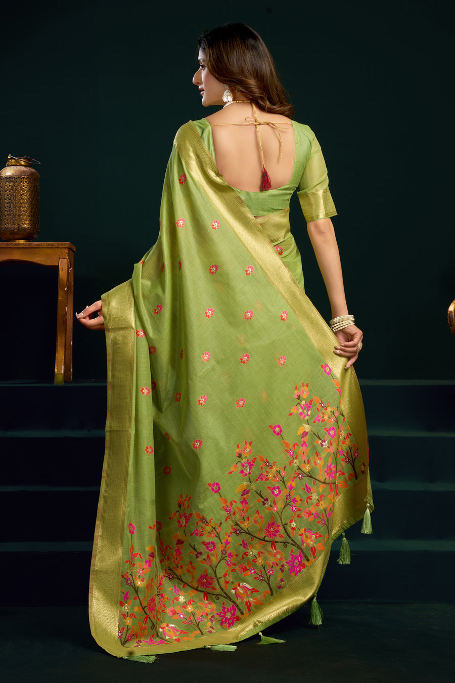 Lime Green Silk Cotton Meenakari Saree with Stitched Blouse & Petticoat