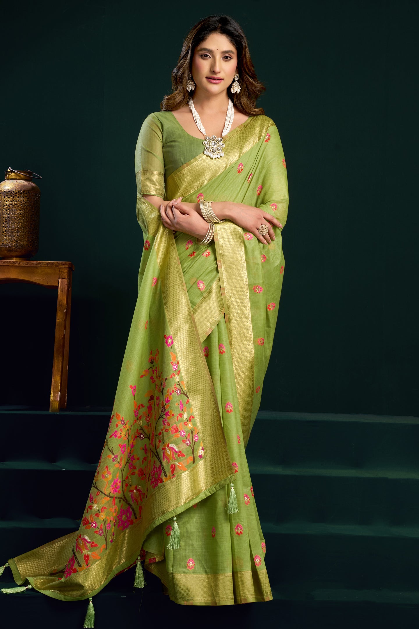 Lime Green Silk Cotton Meenakari Saree with Stitched Blouse & Petticoat