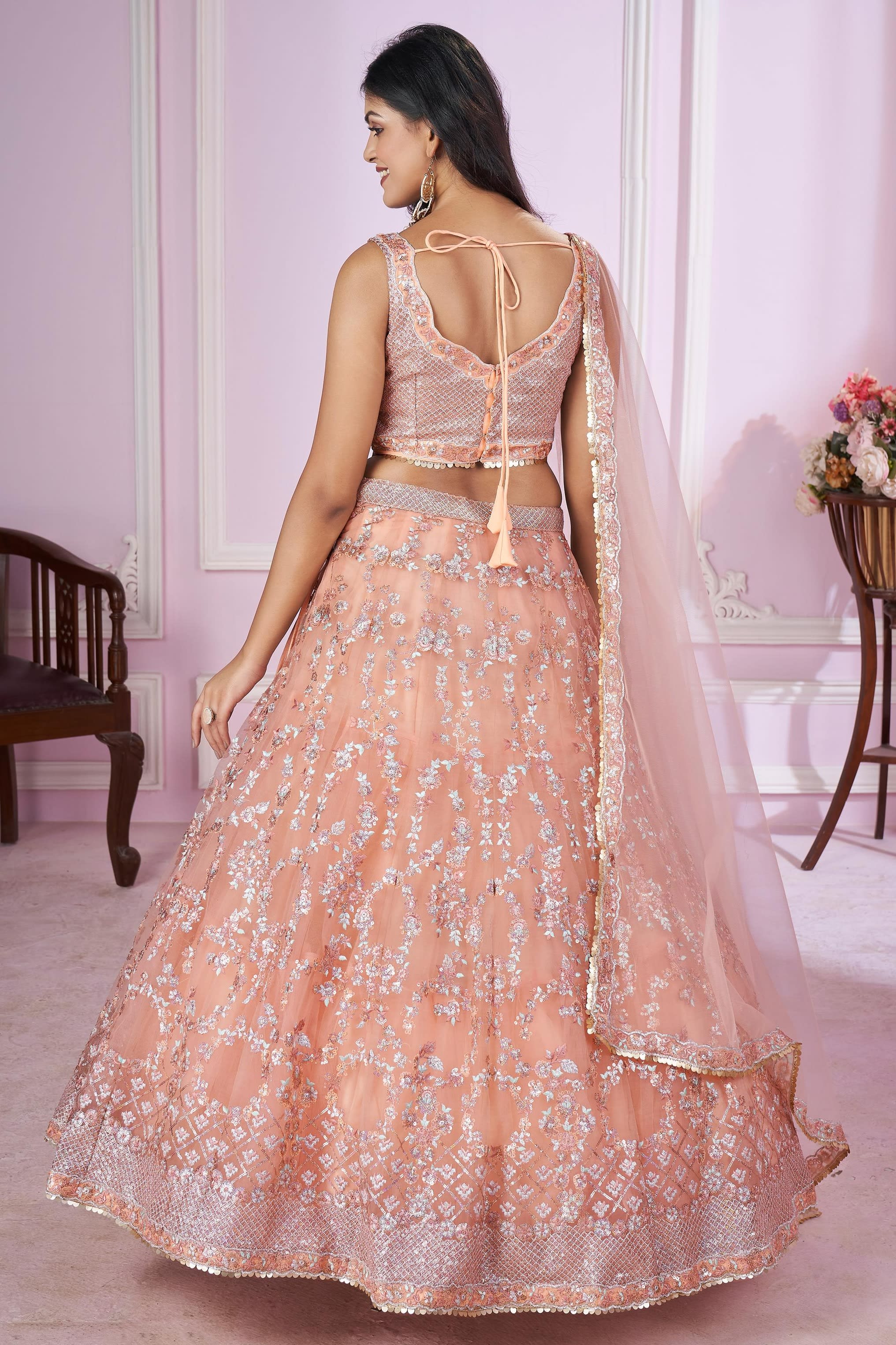 Peach Net Lehenga Choli For Indian & Pakistani Wedding Festival - Sequins & Thread Embroidery Work, Zari Work