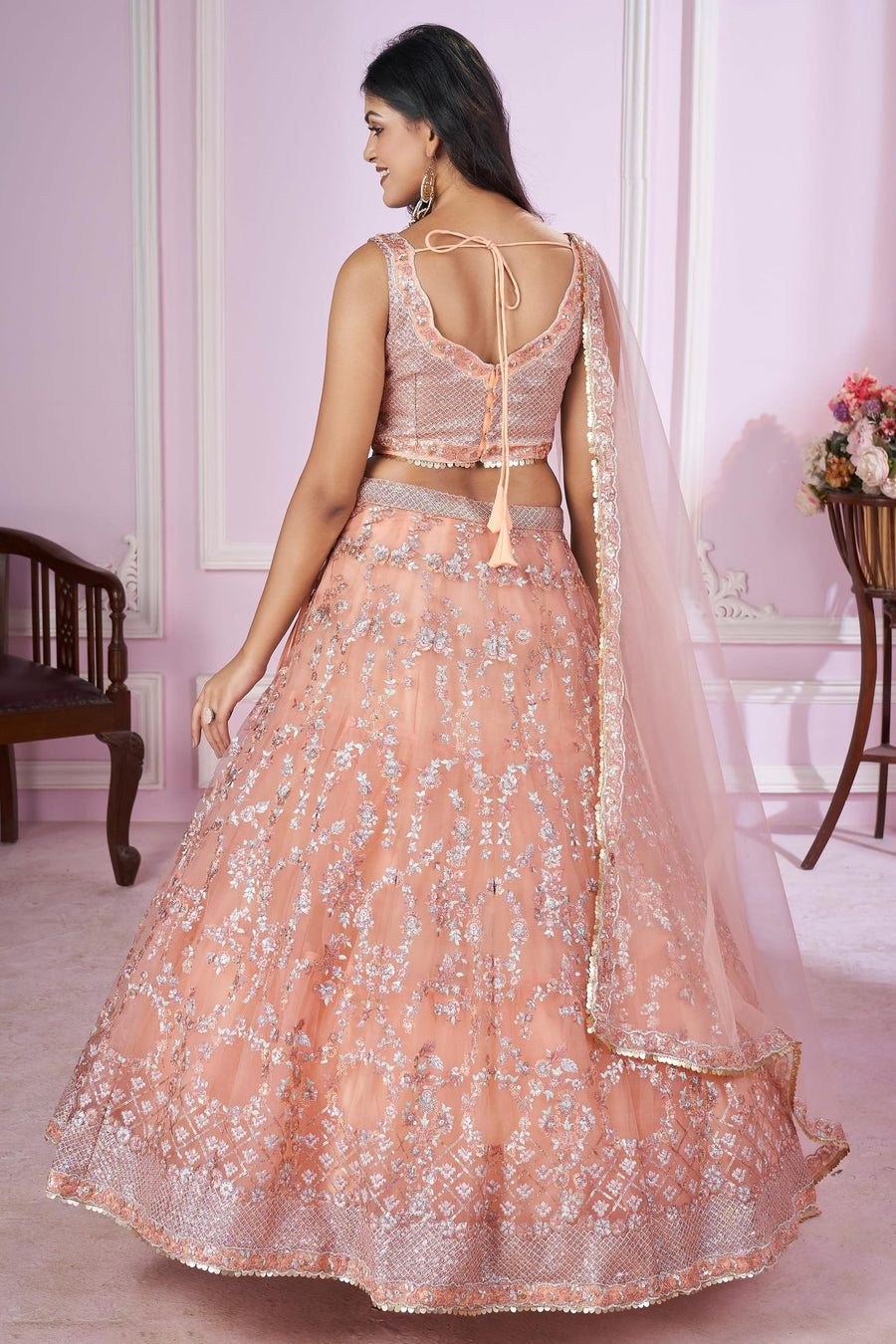 Peach Net Lehenga Choli For Indian & Pakistani Wedding Festival - Sequins & Thread Embroidery Work, Zari Work