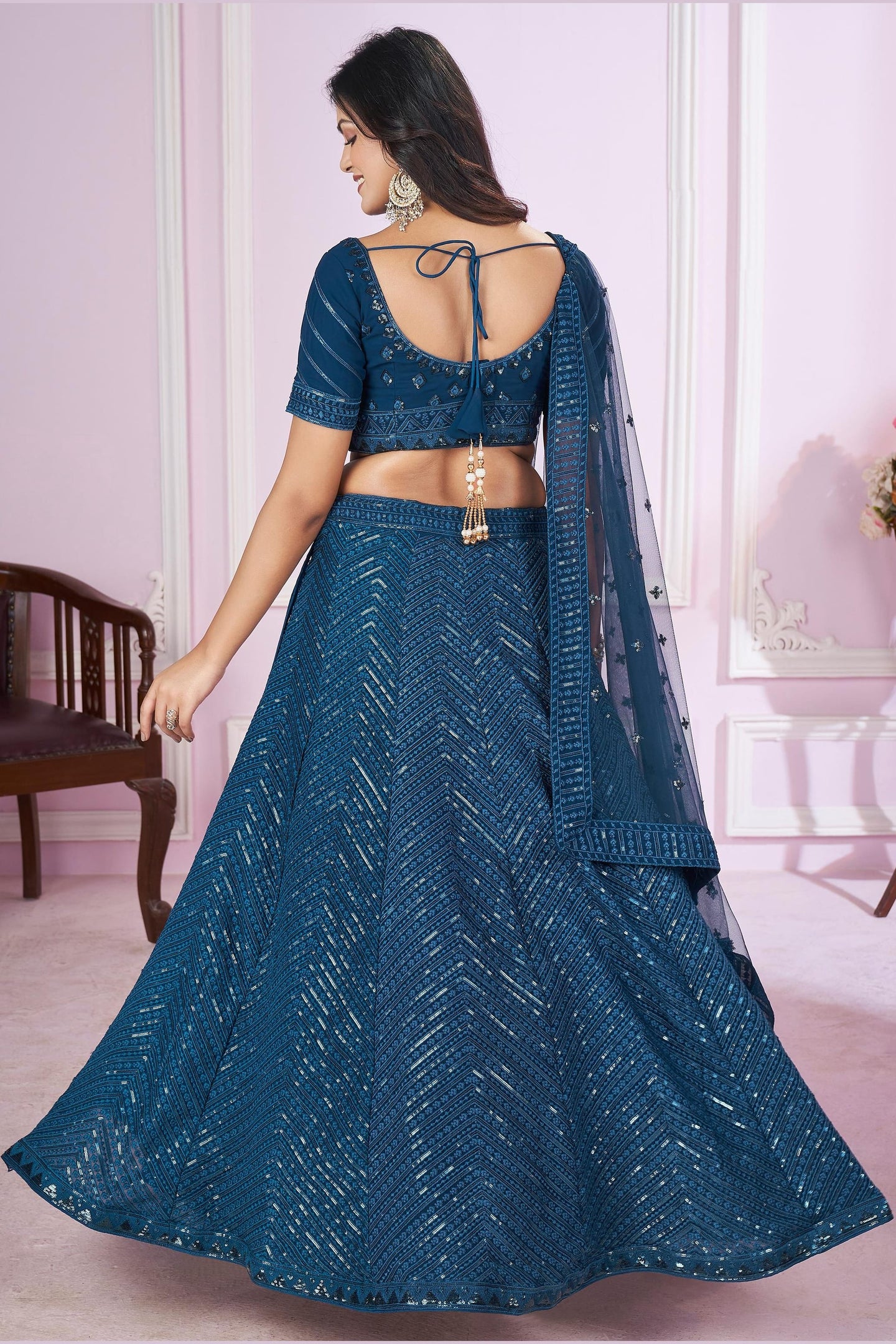 Teal Georgette Lehenga Choli For Indian & Pakistani Wedding Festival - Sequins & Thread Embroidery Work