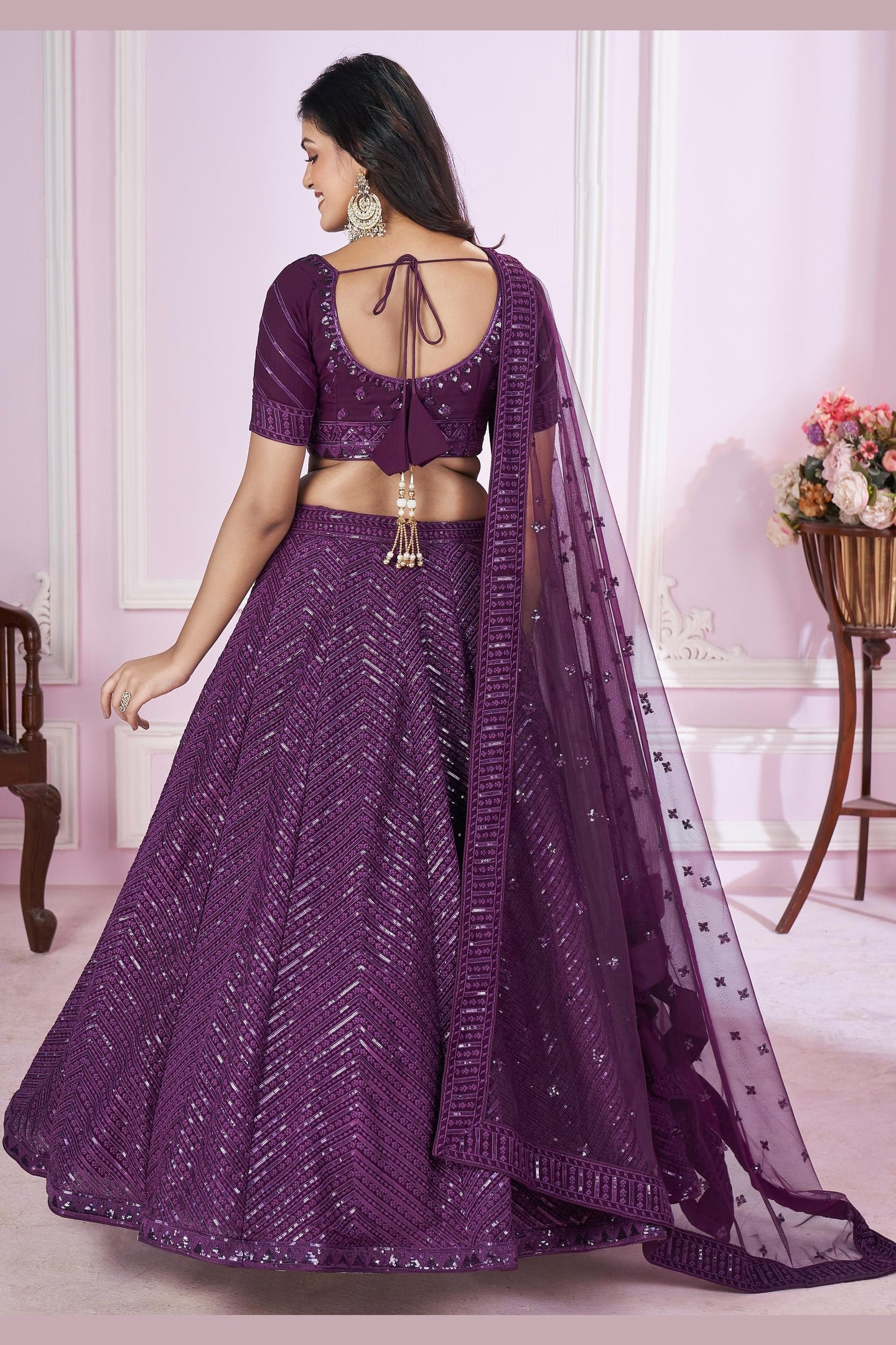 Purple Georgette Lehenga Choli For Indian & Pakistani Wedding Festival - Sequins & Thread Embroidery Work