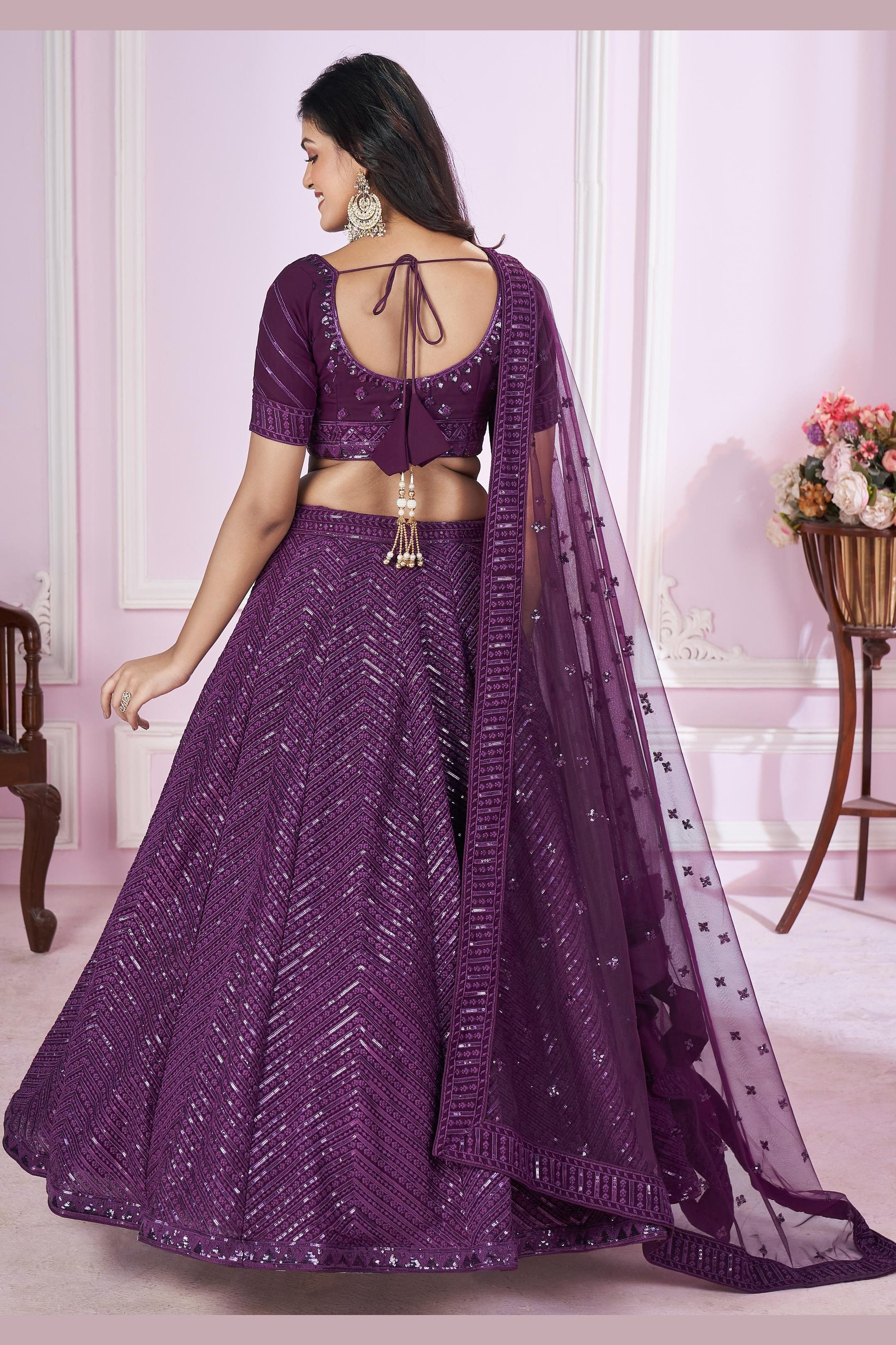 Purple Georgette Lehenga Choli For Indian & Pakistani Wedding Festival - Sequins & Thread Embroidery Work