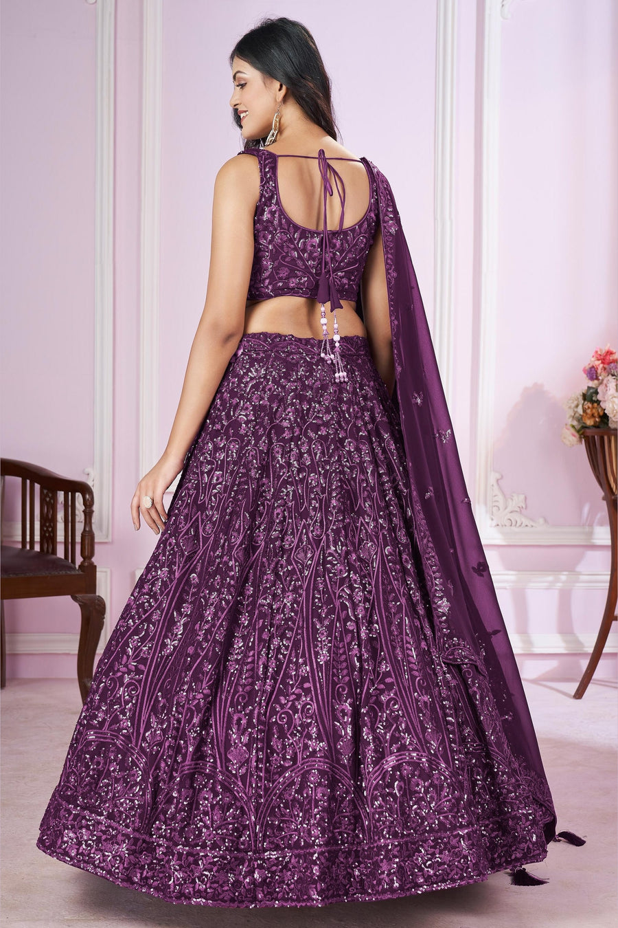 Purple Georgette Lehenga Choli For Indian & Pakistani Wedding Festival - Sequins & Thread Embroidery Work