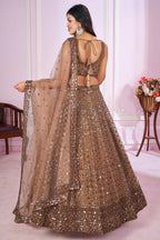 Brown Net Lehenga Choli For Indian & Pakistani Wedding Festival - Sequins & Thread Embroidery Work