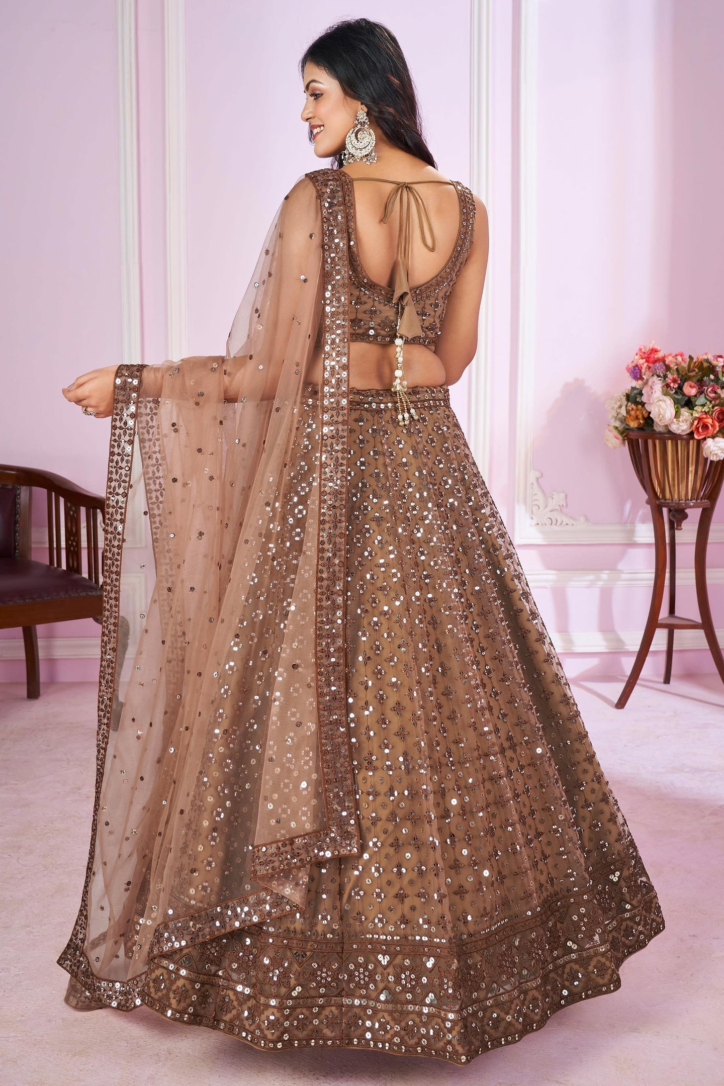 Brown Net Lehenga Choli For Indian & Pakistani Wedding Festival - Sequins & Thread Embroidery Work