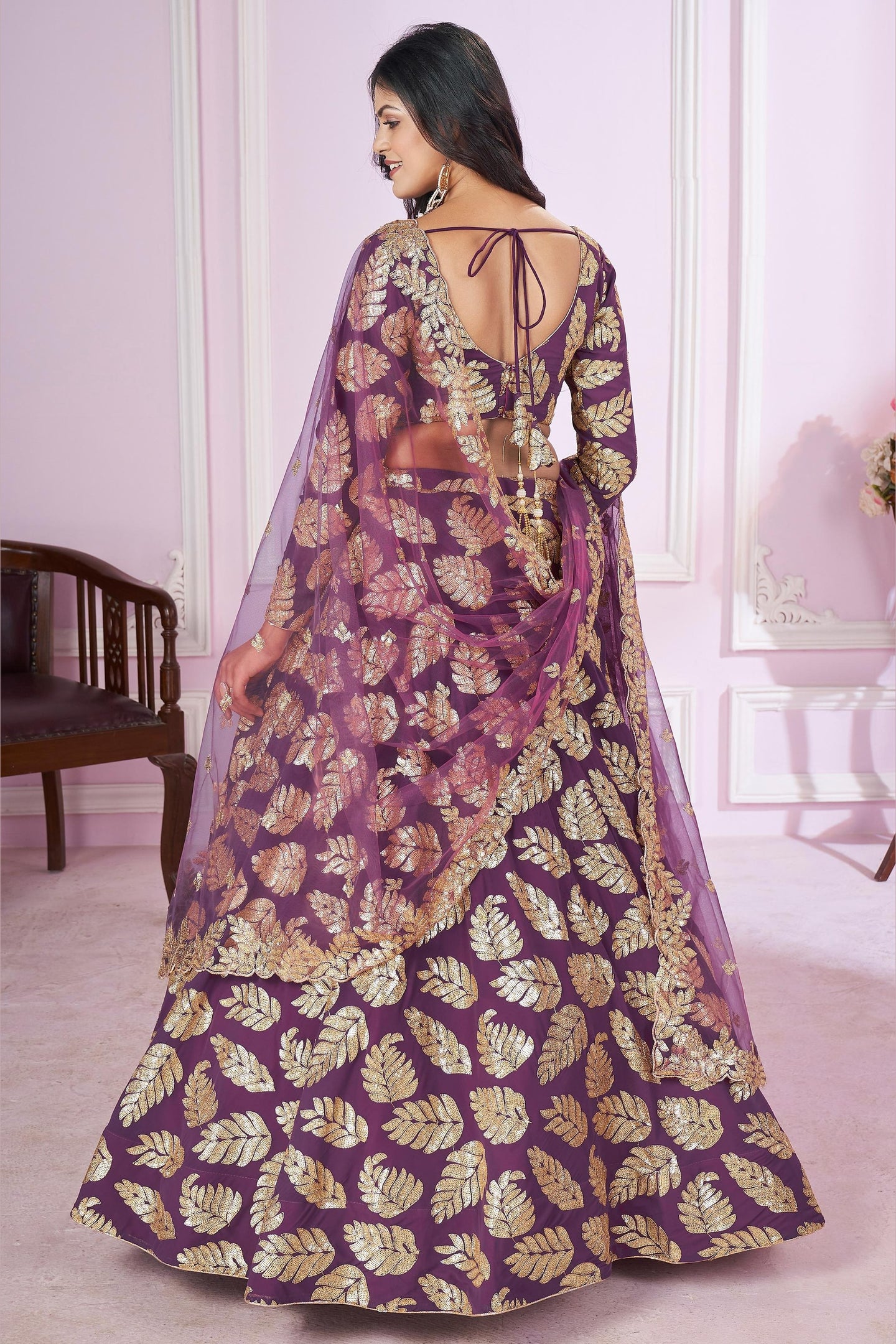 Purple Georgette Lehenga Choli For Indian & Pakistani Wedding Festival - Sequins & Thread Embroidery Work, Zari Work