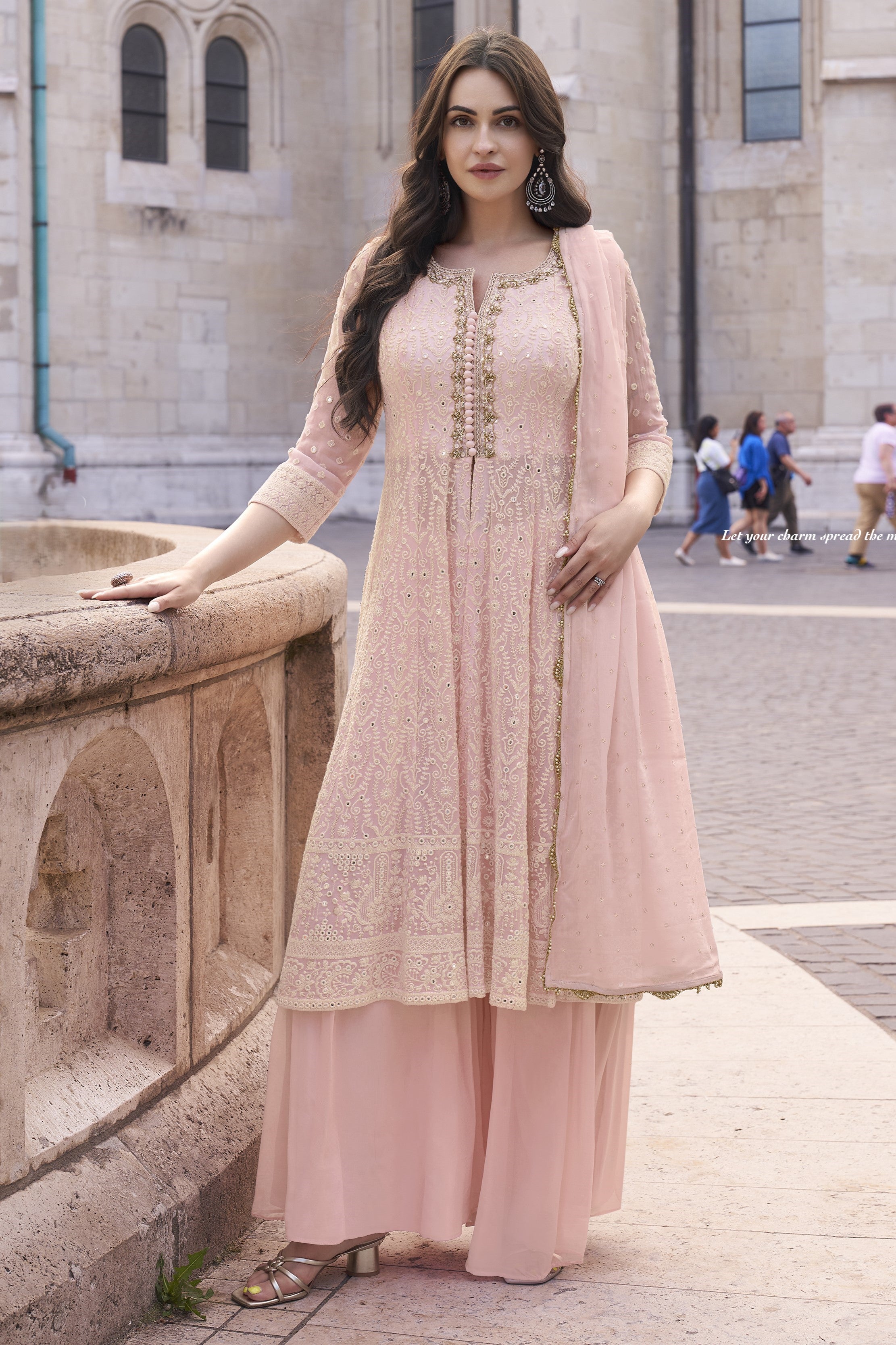 Baby Pink Georgette Palazzo Suit Dress For Indian Festivals Pakistani Weddings Embroidery Work