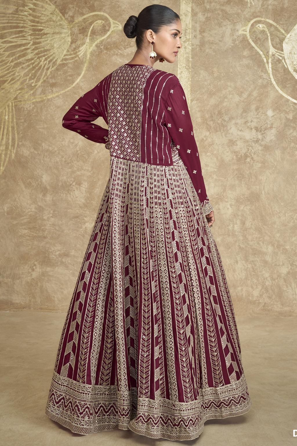 Maroon Chinon Silk Lehenga Choli with Koti For Indian Festivals & Pakistani Weddings Dress - Embroidery Work