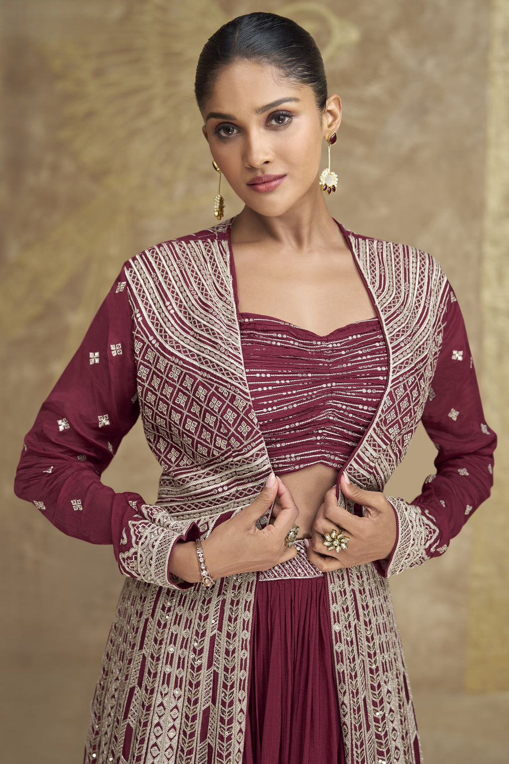 Maroon Chinon Silk Lehenga Choli with Koti For Indian Festivals & Pakistani Weddings Dress - Embroidery Work