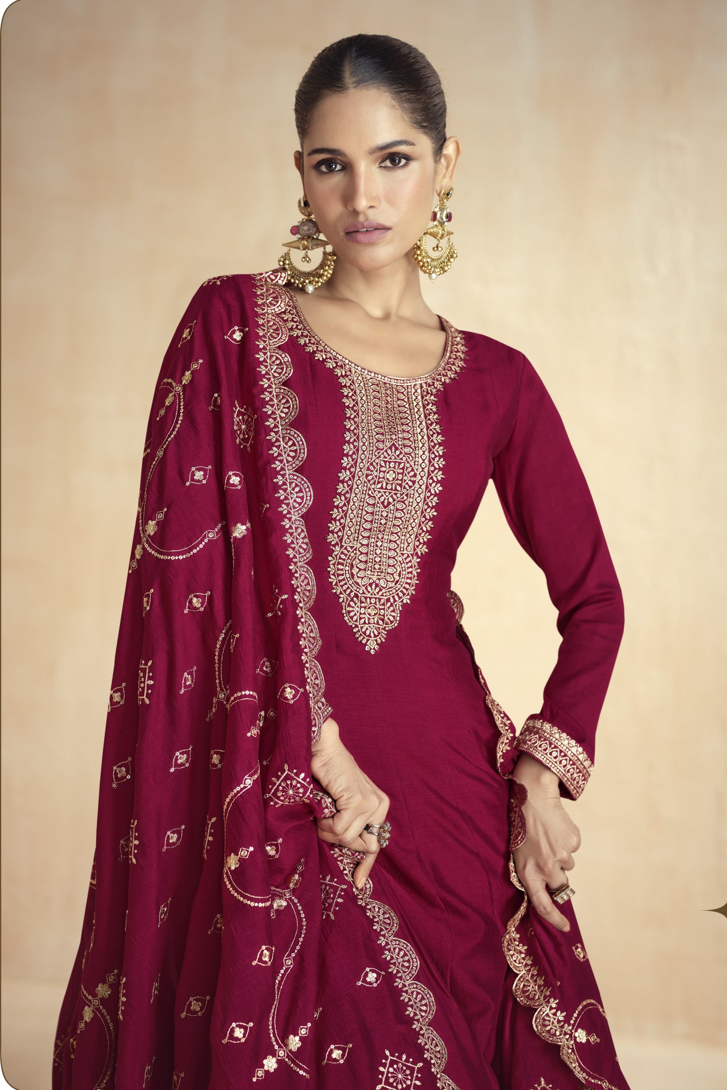 Maroon Chinon Silk Floor Full Length Anarkali Gown For Indian Festivals & Weddings - Embroidery Work