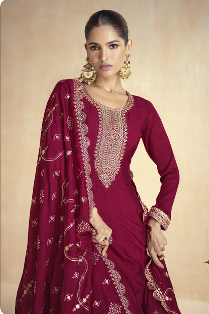 Maroon Chinon Silk Floor Full Length Anarkali Gown For Indian Festivals & Weddings - Embroidery Work