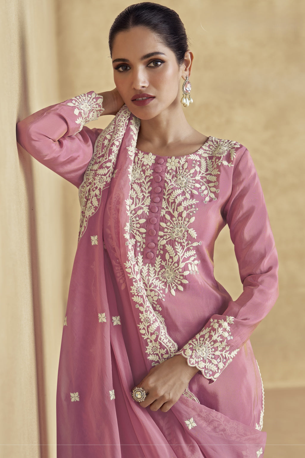 Pink Simar Silk Sharara Suit Dress For Indian Festivals & Pakistani Weddings - Thread Embroidery Work
