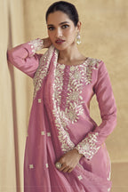 Pink Simar Silk Sharara Suit Dress For Indian Festivals & Pakistani Weddings - Thread Embroidery Work