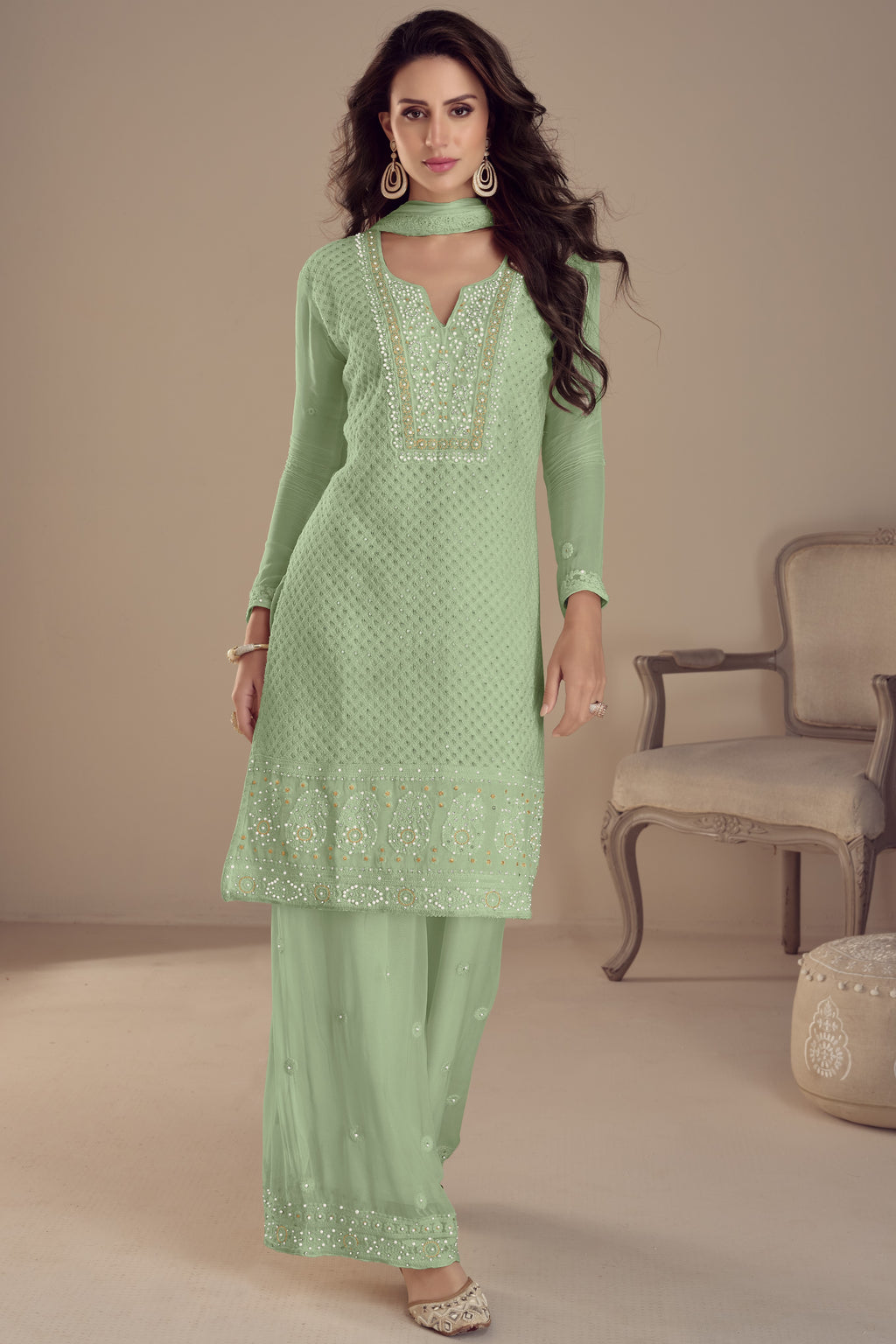 Light Green Georgette Kameez With Pant For Ladies Indian Festivals & Weddings -Embroidery Work