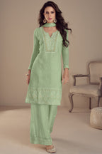 Light Green Georgette Kameez With Pant For Ladies Indian Festivals & Weddings -Embroidery Work