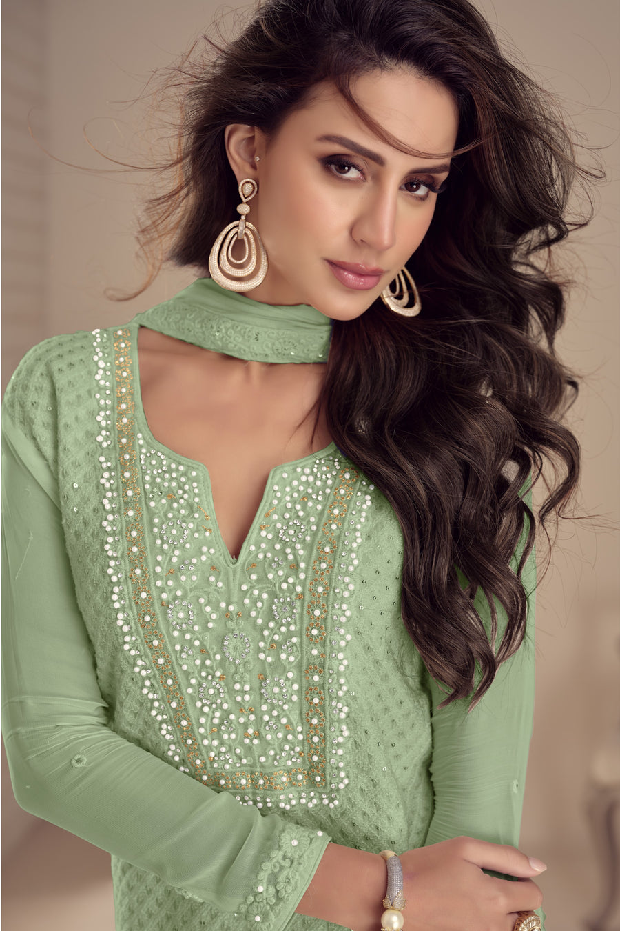 Light Green Georgette Kameez With Pant For Ladies Indian Festivals & Weddings -Embroidery Work