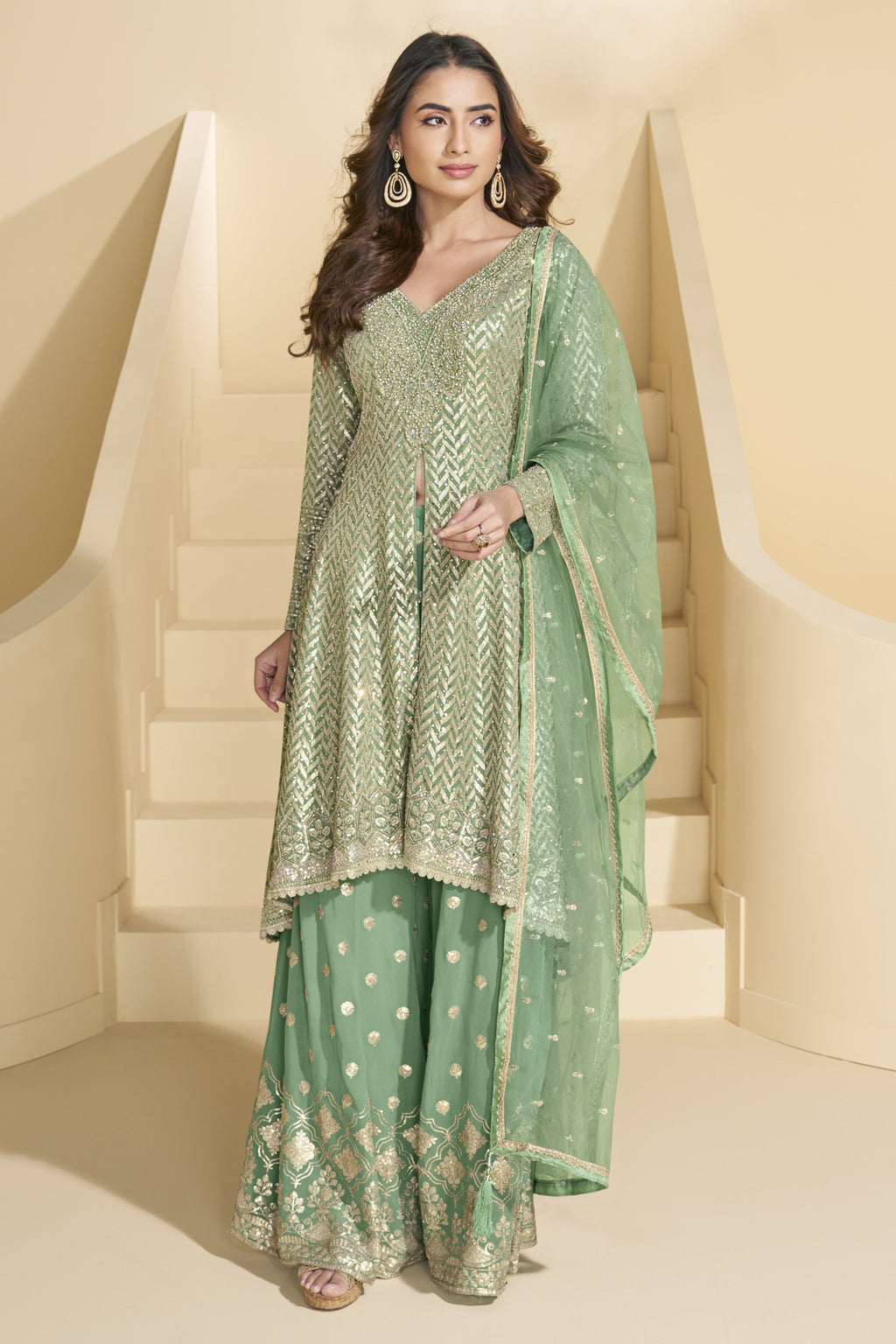 Green Georgette Palazo Suit For Indian & Pakistani Wedding Festival - Sequence & Thread Embroidery Work