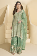 Green Georgette Palazo Suit For Indian & Pakistani Wedding Festival - Sequence & Thread Embroidery Work