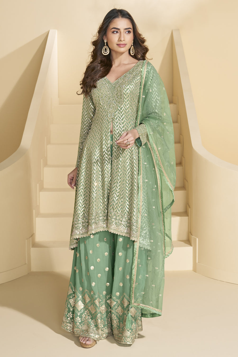Green Georgette Palazo Suit For Indian & Pakistani Wedding Festival - Sequence & Thread Embroidery Work