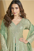 Green Georgette Palazo Suit For Indian & Pakistani Wedding Festival - Sequence & Thread Embroidery Work