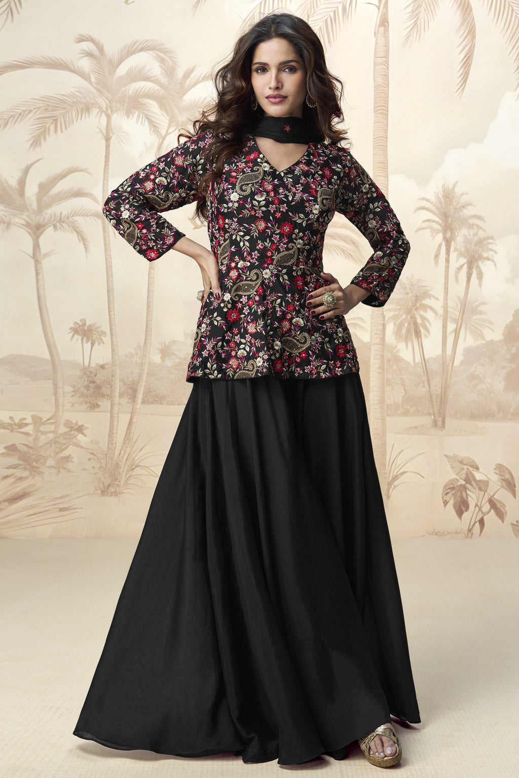 Black Chinon Silk Palazzo Suit For Indian Wedding & Pakistani Festival - Embroidery Work