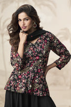 Black Chinon Silk Palazzo Suit For Indian Wedding & Pakistani Festival - Embroidery Work