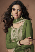 Olive Green Chinon Silk Plazo Suit For Indian & Pakistani Wedding Festival - Embroidery Work