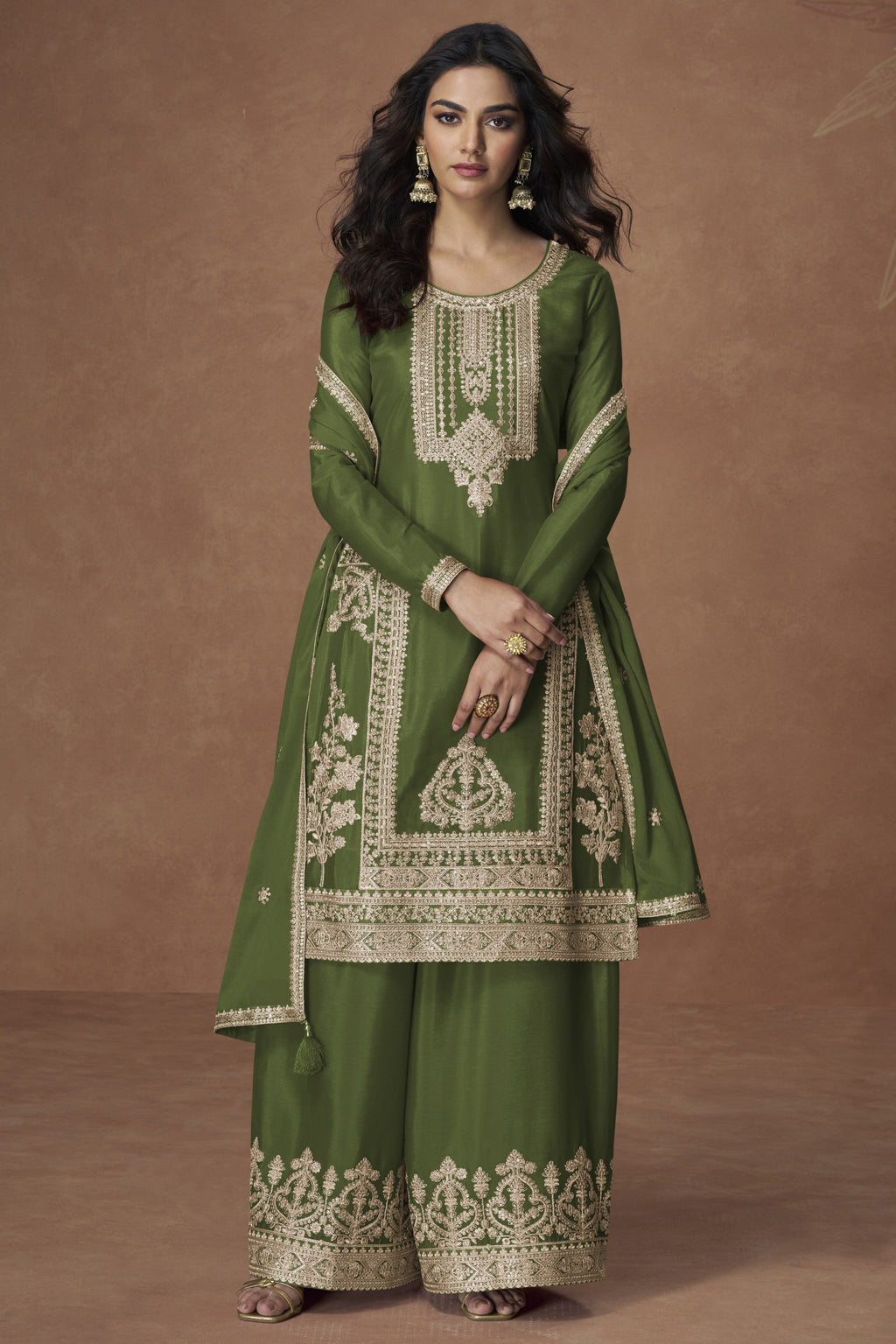 Olive Green Chinon Silk Plazo Suit For Indian & Pakistani Wedding Festival - Embroidery Work