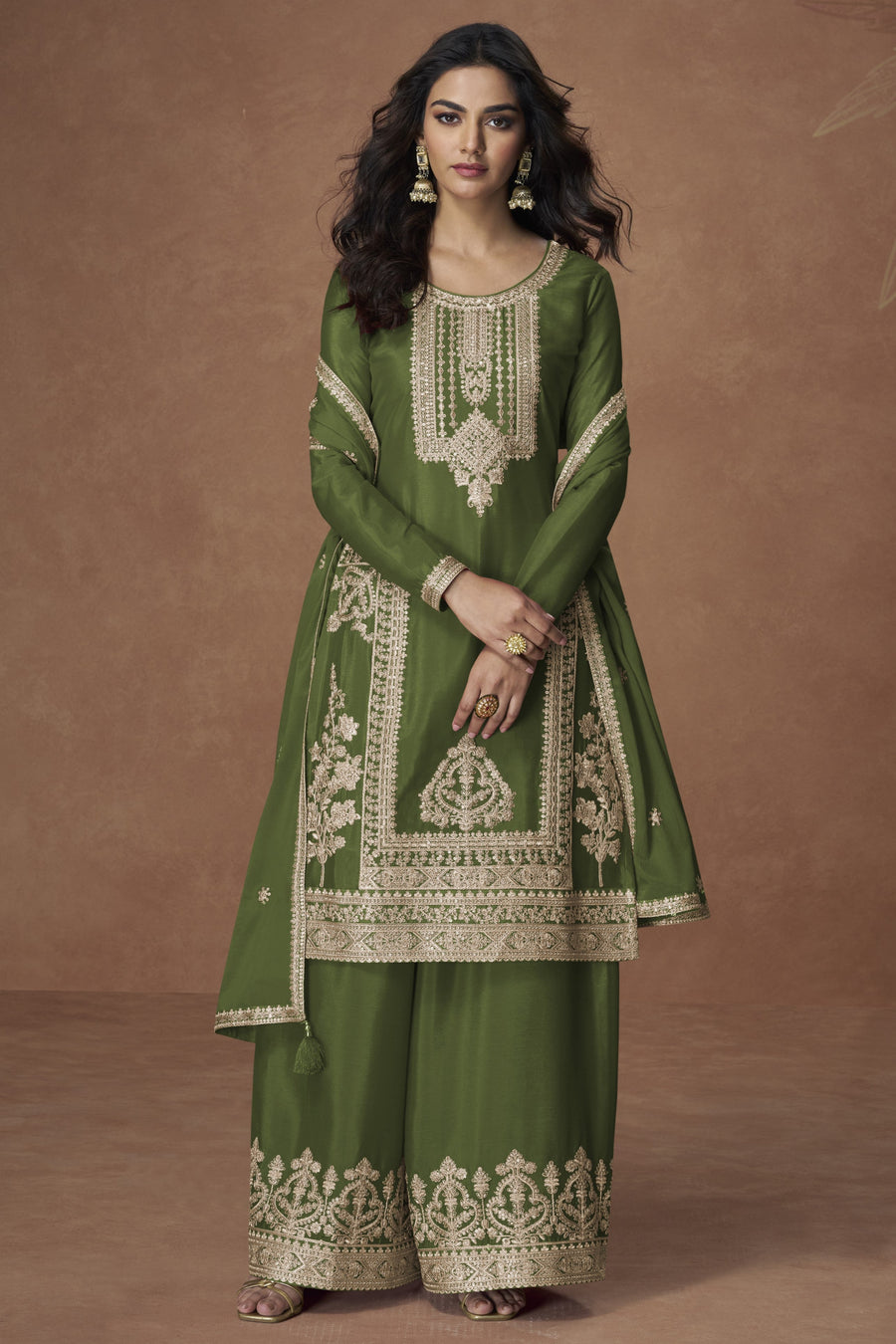 Olive Green Chinon Silk Plazo Suit For Indian & Pakistani Wedding Festival - Embroidery Work