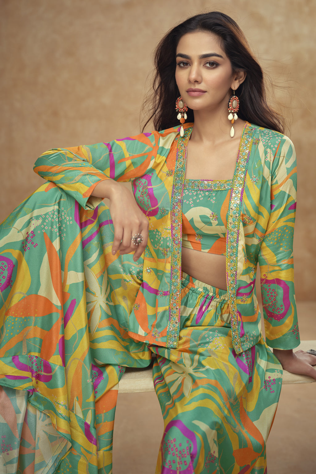 Green Chinon Silk Plazo Choli With Jacket For Indian & Pakistani Wedding Festival - Embroidery Work, Print Work