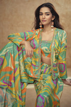 Green Chinon Silk Plazo Choli With Jacket For Indian & Pakistani Wedding Festival - Embroidery Work, Print Work