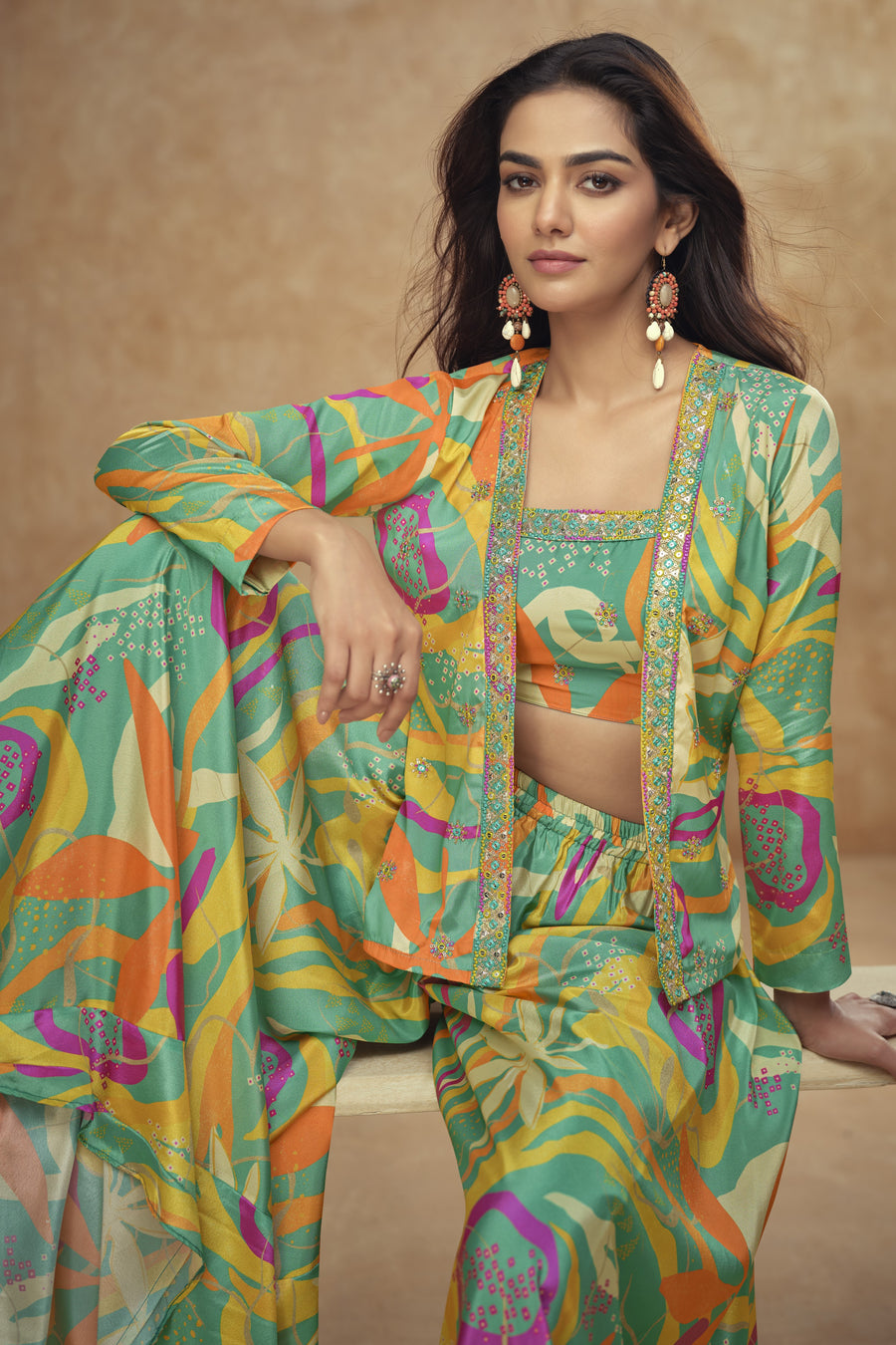 Green Chinon Silk Plazo Choli With Jacket For Indian & Pakistani Wedding Festival - Embroidery Work, Print Work