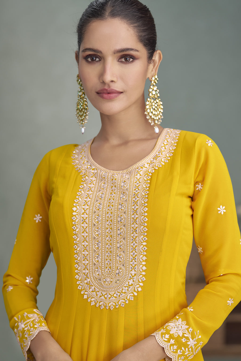 Yellow Georgette Anarkali Suit For Indian & Pakistani Wedding Festival - Embroidery Work