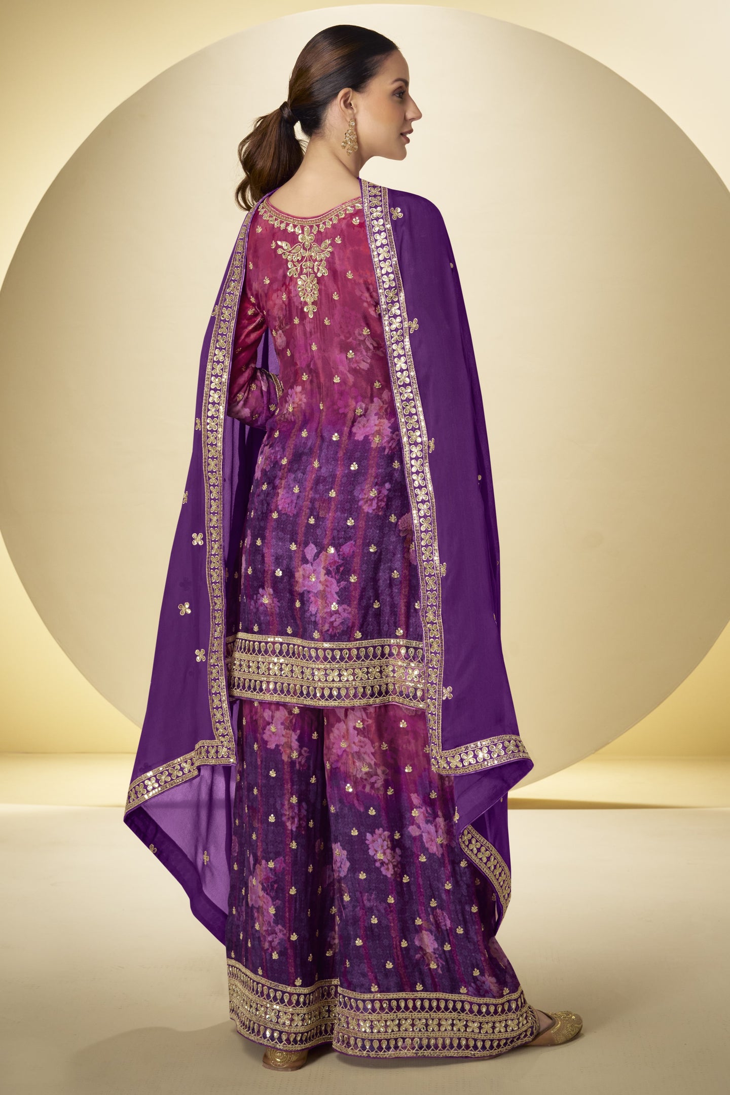 Purple Chinon Silk Dual Color Plazo Suit For Indian & Pakistani Wedding - Thread & Sequence Embroidery Work, Print Work