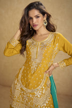 Yellow Chinon Silk Plazo Suit For Indian & Pakistani Wedding Festival - Thread Embroidery Work
