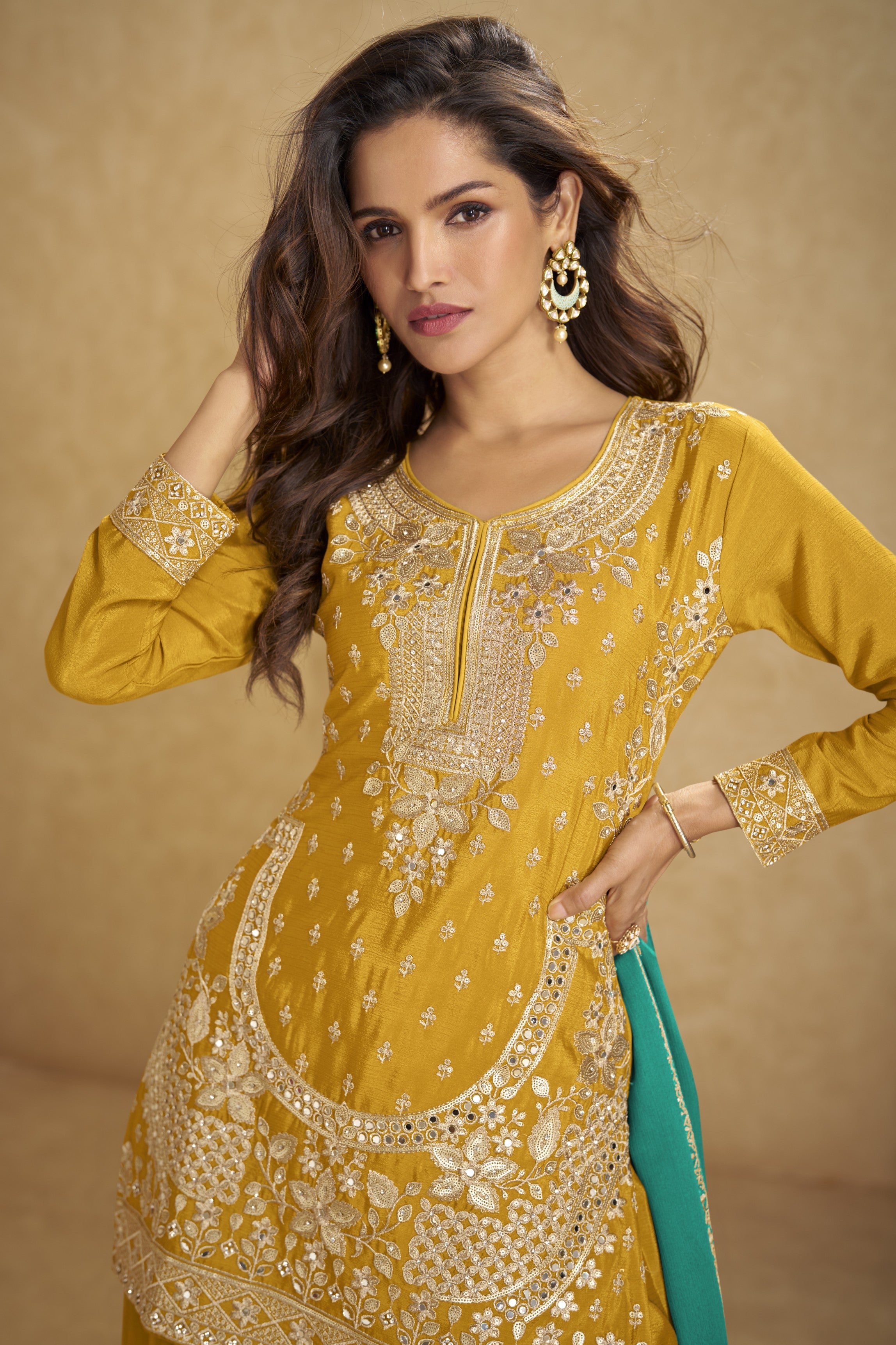 Yellow Chinon Silk Plazo Suit For Indian & Pakistani Wedding Festival - Thread Embroidery Work