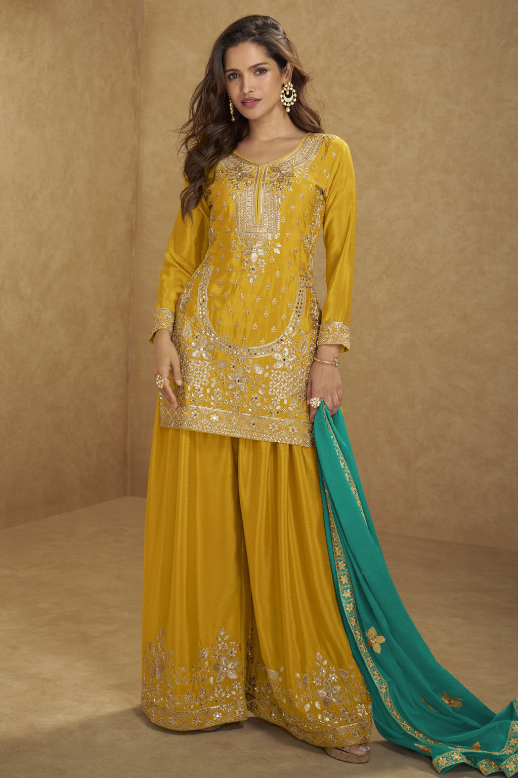 Yellow Chinon Silk Plazo Suit For Indian & Pakistani Wedding Festival - Thread Embroidery Work