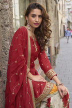 Red Chinon Silk Kameez With Sharara Suit For Indian & Pakistani Wedding Festival - Print Work, Thread & Sequence Embroidery