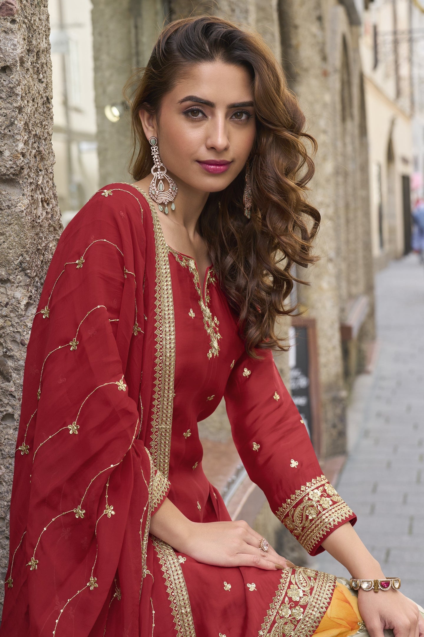 Red Chinon Silk Kameez With Sharara Suit For Indian & Pakistani Wedding Festival - Print Work, Thread & Sequence Embroidery