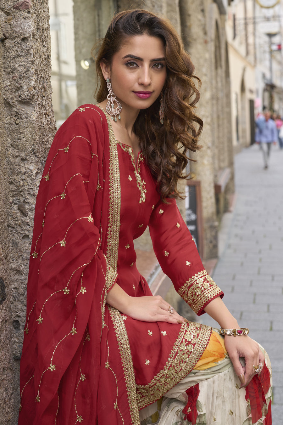 Red Chinon Silk Kameez With Sharara Suit For Indian & Pakistani Wedding Festival - Print Work, Thread & Sequence Embroidery