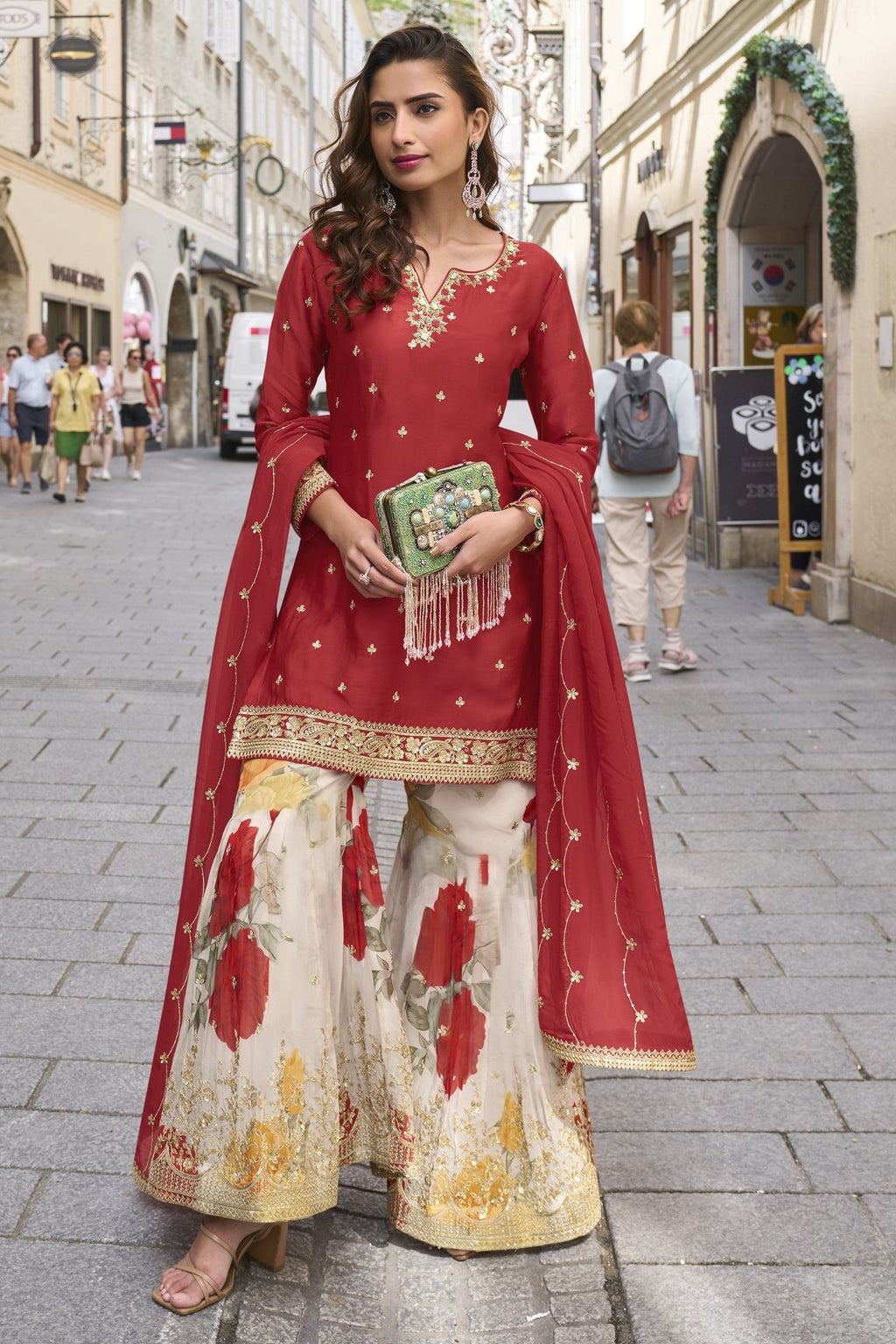 Red Chinon Silk Kameez With Palazzo Suit For Indian & Pakistani Wedding Festival - Print Work, Thread & Sequence Embroidery